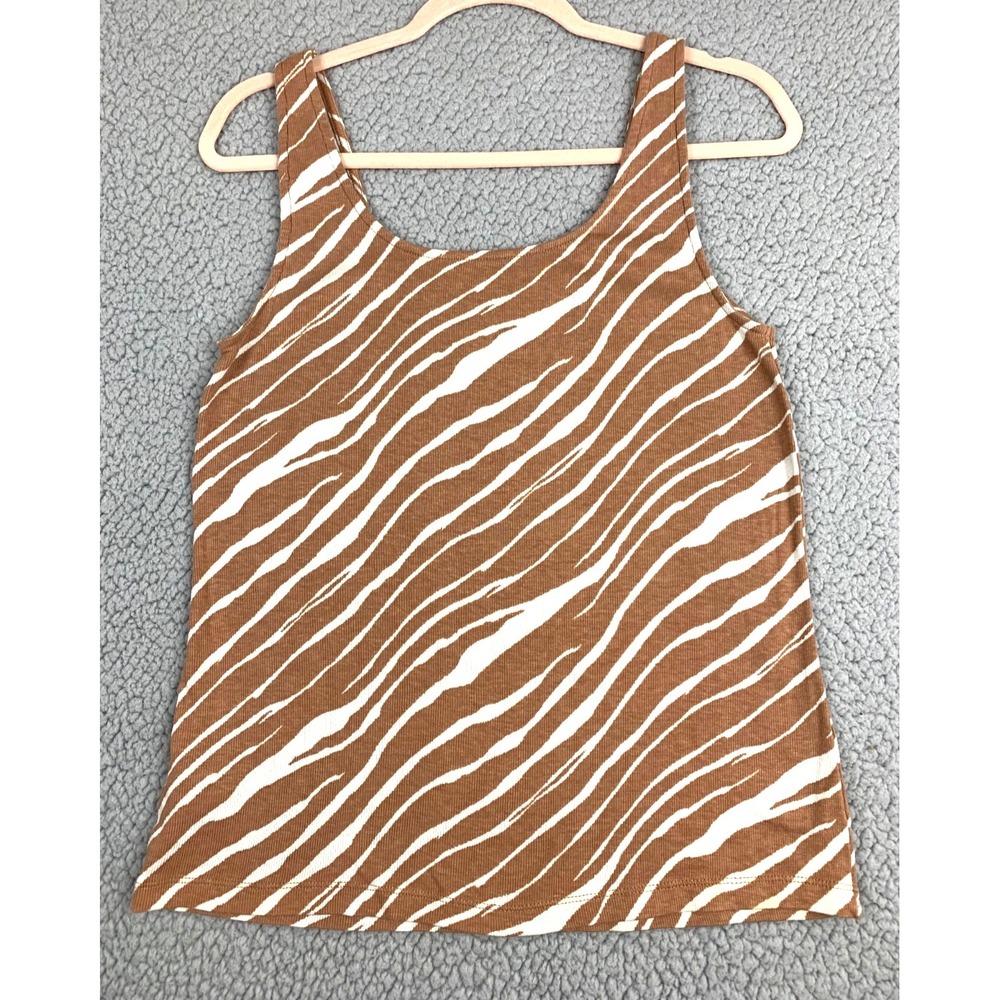 A New Day Brown Cream Zebra Print Ribbed Stretch Tank Top Scoop Neck